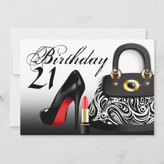 Luxe handtas, hoge hakken en lippenstift 21e verja kaart (Voorkant)