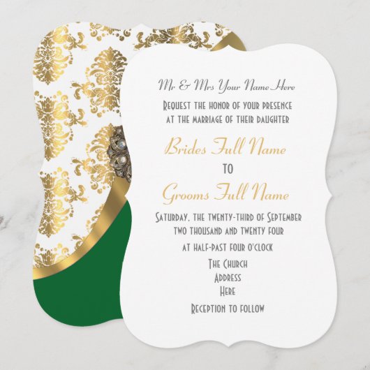 Luxe helder groen en goud damast bruiloft kaart (Voorkant / Achterkant)