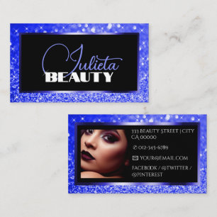 Luxe helderblauwe glitters met foto visitekaartje
