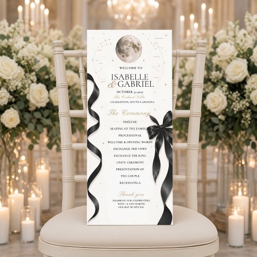 Luxe Hemelse Maan Zwart Lint Huwelijksprogramma  Menu