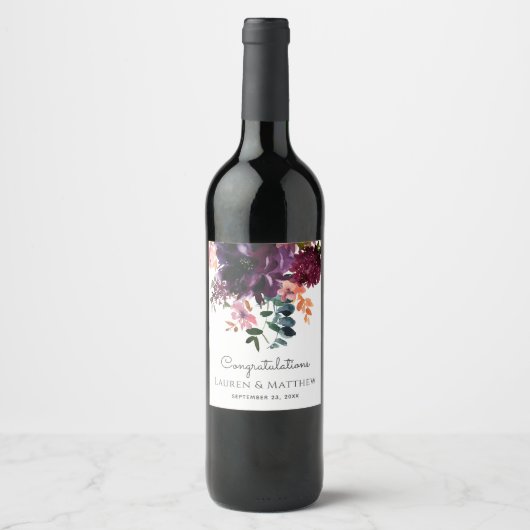 Luxe Herfst Winter Bloemenbruiloft Wijn Etiket (Voorkant)