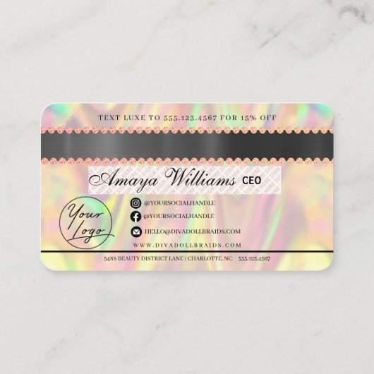 Luxe holografische Folie Hair Braiding Credit Styl Visitekaartje (Achterkant)