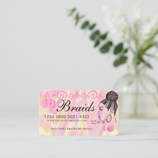 Luxe holografische Folie Hair Braiding Credit Styl Visitekaartje (Staand voorkant)