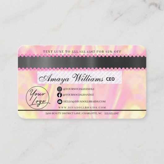 Luxe holografische Folie Hair Braiding Credit Styl Visitekaartje (Achterkant)