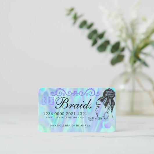 Luxe holografische Folie Hair Braiding Credit Styl Visitekaartje (Staand voorkant)