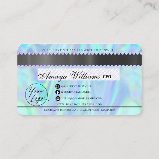 Luxe holografische Folie Hair Braiding Credit Styl Visitekaartje (Achterkant)