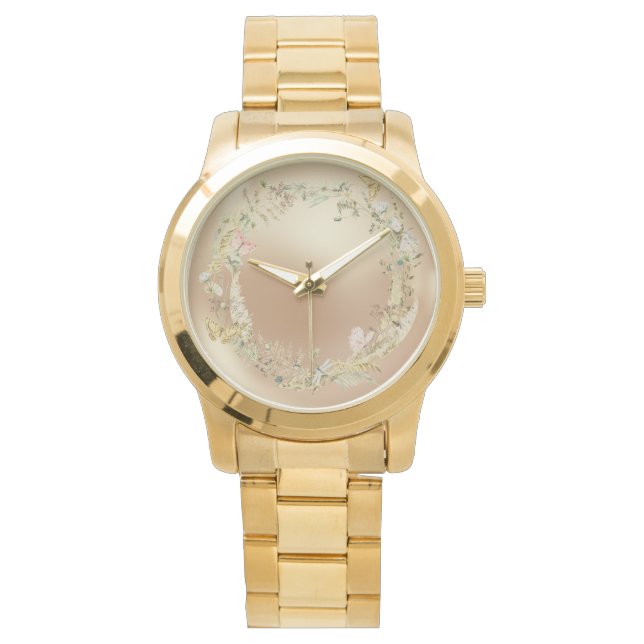 Luxe horloge, bloemen patroon, parel achtergrond horloge (Voorkant)