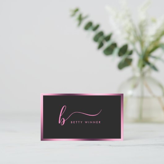 Luxe Hot Pink Folie Lijst Modern Script Monogram Visitekaartje (Staand voorkant)