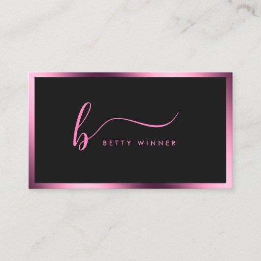 Luxe Hot Pink Folie Lijst Modern Script Monogram Visitekaartje (Voorkant)