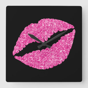 Luxe Hot Pink Glitter Lippenstift op Zwart Vierkante Klok