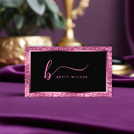 Luxe Hot Pink Glitter Modern Script Monogram Bus Visitekaartje