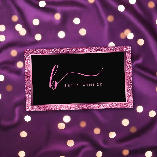 Luxe Hot Pink Glitter Modern Script Monogram Bus Visitekaartje