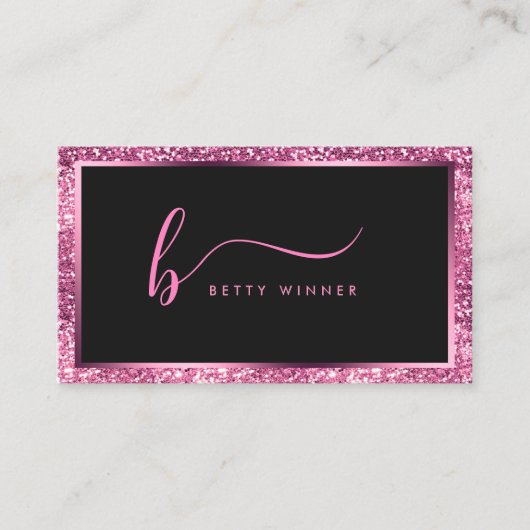 Luxe Hot Pink Glitter Modern Script Monogram Bus Visitekaartje (Voorkant)