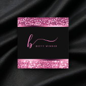 Luxe Hot Pink Glitter Modern Script Monogram Vierkante Visitekaartje