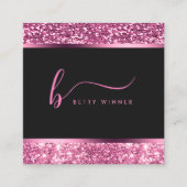 Luxe Hot Pink Glitter Modern Script Monogram Vierkante Visitekaartje (Voorkant)