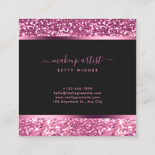 Luxe Hot Pink Glitter Modern Script Monogram Vierkante Visitekaartje (Achterkant)