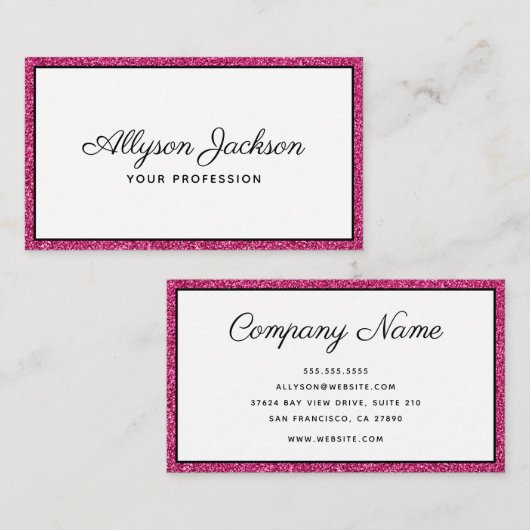 Luxe Hot Pink Glitter Script Visitekaartje (Voorkant / Achterkant)