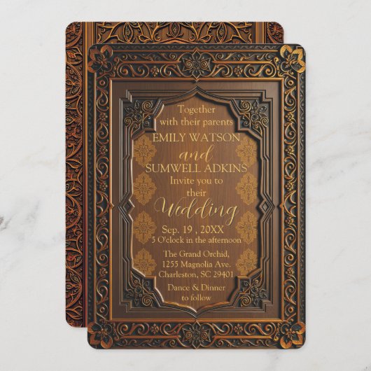 Luxe Houten Arabesque bruiloft uitnodiging (Voorkant / Achterkant)