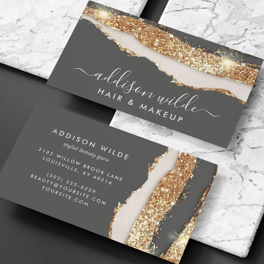 Luxe houtskool grijs en goud glitter trendy script visitekaartje