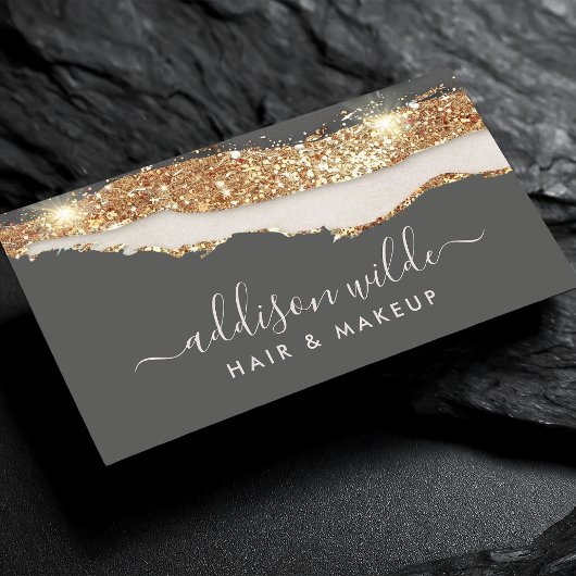 Luxe houtskool grijs en goud glitter trendy script visitekaartje