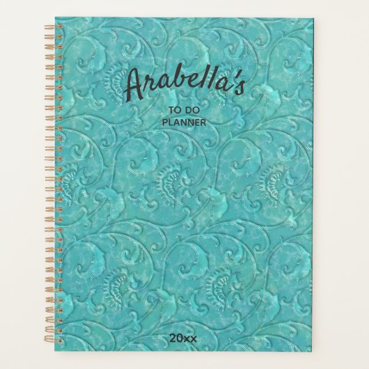 Luxe in reliëf gemaakte Blauwgroen bloemenwijnstok Planner (Voorkant)