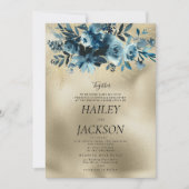 Luxe indigo goud botanisch boeket bloemenbruiloft kaart (Voorkant)