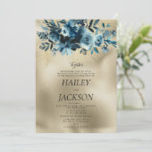 Luxe indigo goud botanisch boeket bloemenbruiloft kaart (Staand voorkant)
