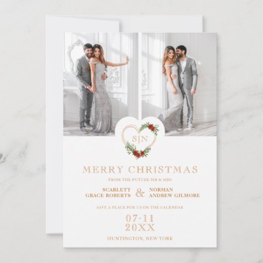 Luxe Initialen Floral Kerstmis Hart 2 Foto's Save The Date (Voorkant)