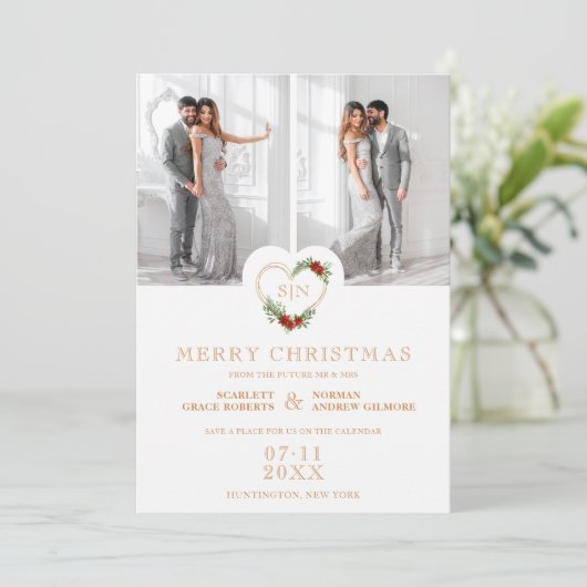Luxe Initialen Floral Kerstmis Hart 2 Foto's Save The Date (Staand voorkant)
