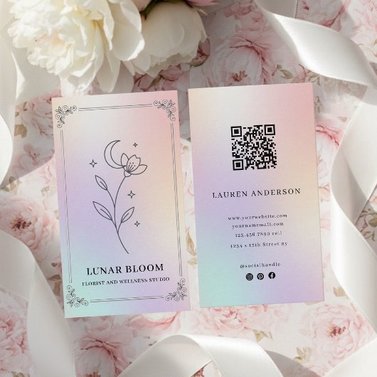 Luxe Iridescente Holografische Bloem QR-code Visitekaartje