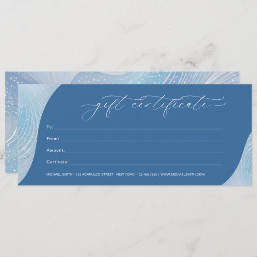 Luxe iriserende blauwe gradiënt cadeaubon (Voorkant / Achterkant)