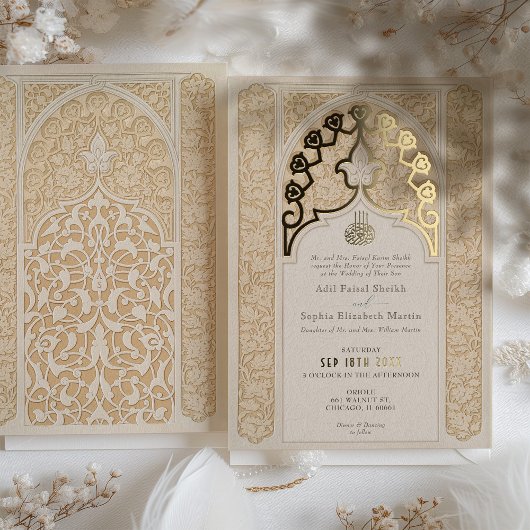 Luxe Islamitisch Kant Off-White Bruiloft Folie Uitnodiging