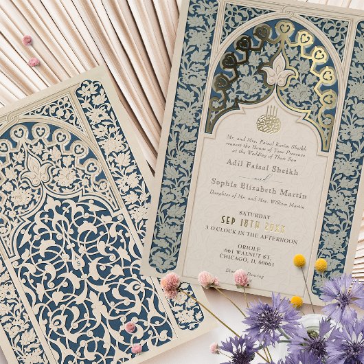 Luxe Islamitisch Kant Stoffig Blauw Bruiloft Folie Uitnodiging