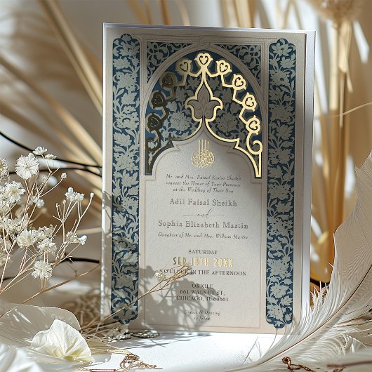 Luxe Islamitisch Kant Stoffig Blauw Bruiloft Folie Uitnodiging