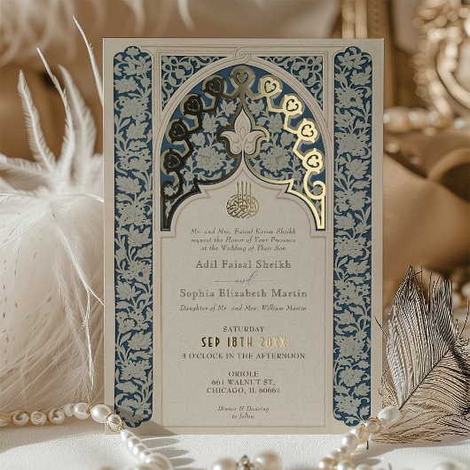 Luxe Islamitisch Kant Stoffig Blauw Bruiloft Folie Uitnodiging