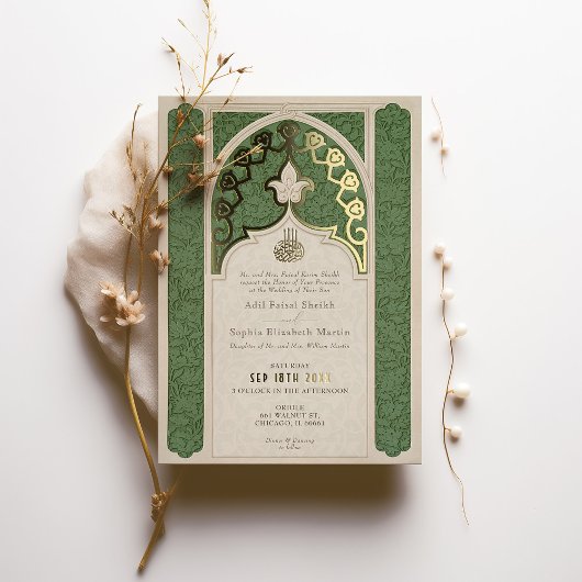 Luxe islamitische kant groene bruiloft folie uitnodiging