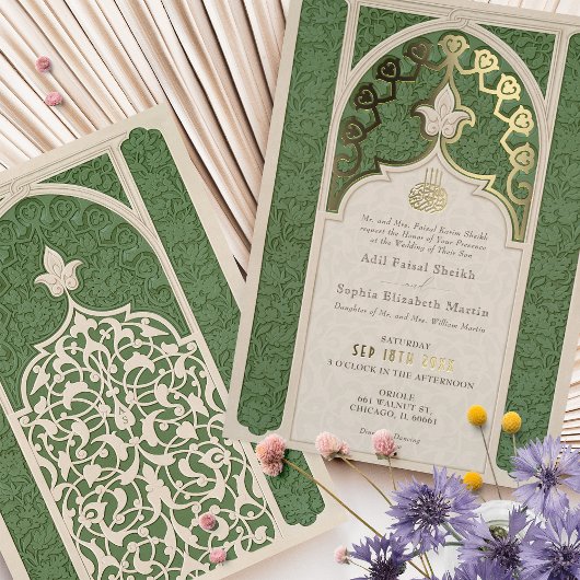 Luxe islamitische kant groene bruiloft folie uitnodiging