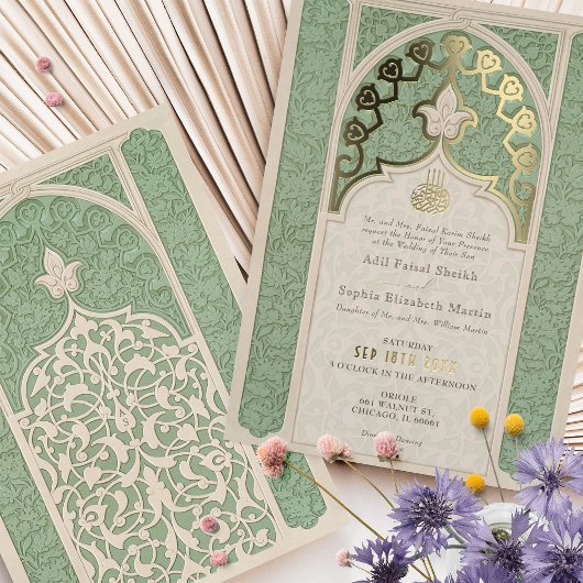 Luxe islamitische kant salie groene bruiloft folie uitnodiging