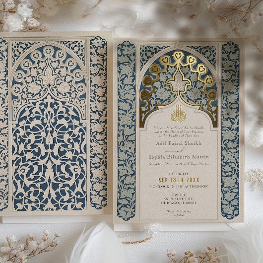 Luxe islamitische kant stoffige blauwe trouw folie uitnodiging