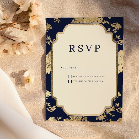 Luxe ivoor blauw goud bloemmotief RSVP Kaart