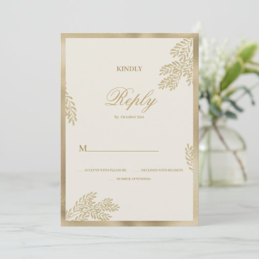 Luxe ivoor goud glitter blad bloemenbruiloft RSVP Kaart (Staand voorkant)