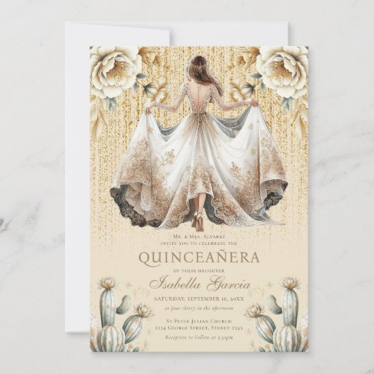 Luxe Ivoor Goud Quinceañera Kaart (Voorkant)
