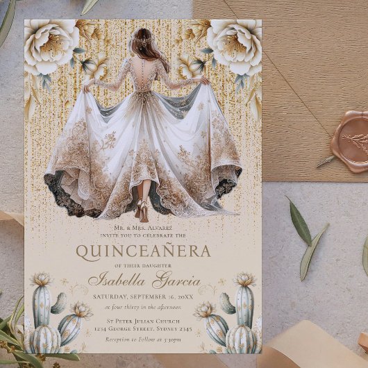 Luxe Ivoor Goud Quinceañera Kaart