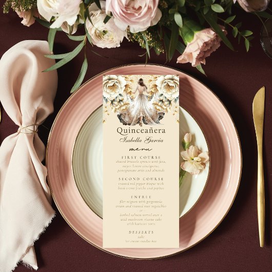 Luxe Ivoor & Goud Quinceañera Menu