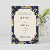 Luxe ivoor marineblauwe gouden bloem Bruiloft Kaart (Staand voorkant)
