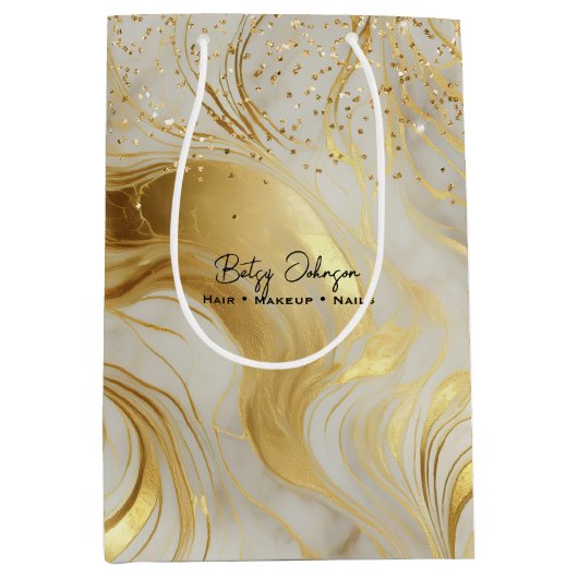 Luxe ivoor marmer en gouden glitter medium cadeauzakje (Voorkant)