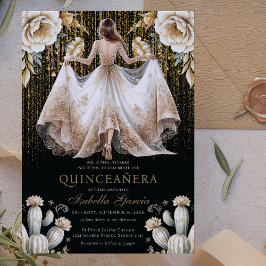 Luxe Ivoor Zwart Goud Quinceañera Kaart