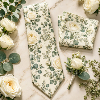 Luxe Ivoren Roos & Salie Groene Eucalyptus Trouwen Stropdas