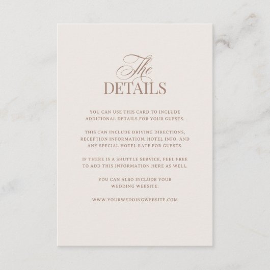 Luxe Ivory and Mocha Taupe | Wedding Guest Details Informatiekaartje (Voorkant)