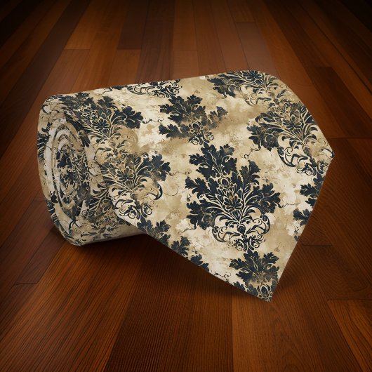 Luxe Ivory Damask Elegant Zwart Beige Stropdas